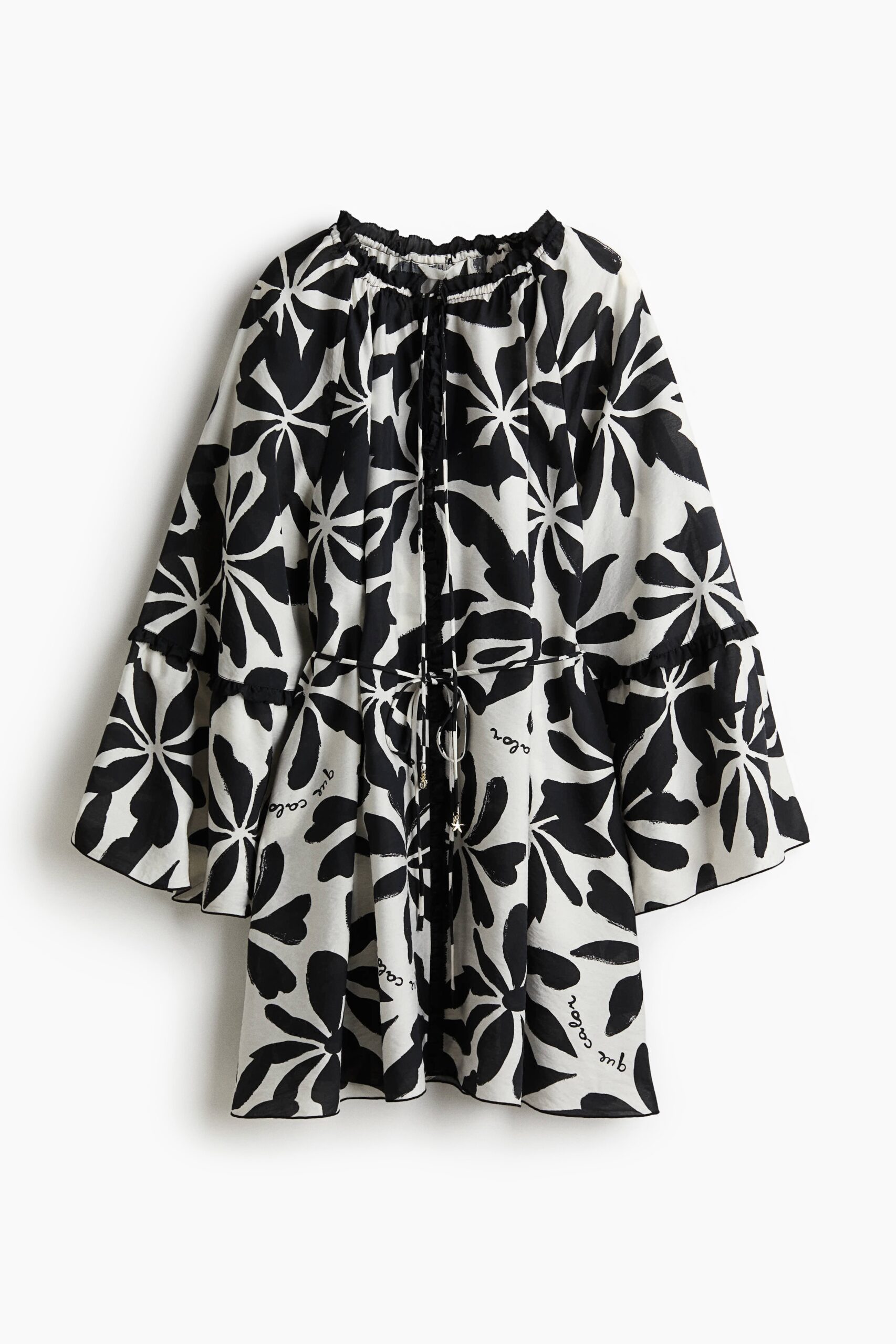 H & M - Tuniekjurk met trompetmouwen - Wit/Zwart Bloemen H & M - Tuniekjurk met trompetmouwen - Wit/Zwart Bloemen