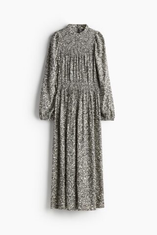 H & M - Jurk met smokwerk - Wit/Donkergrijs Dessin