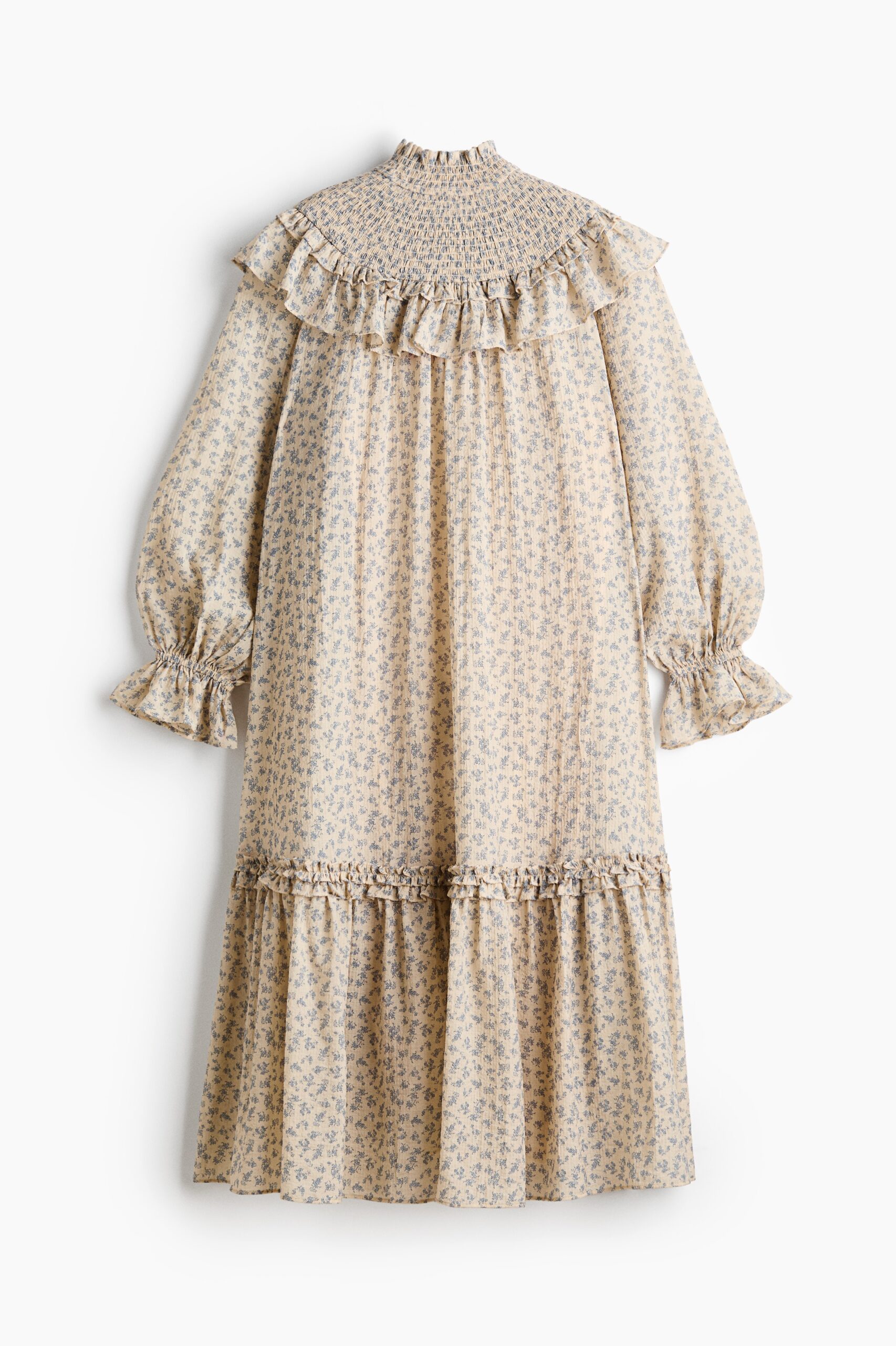 H & M - Structuurgeweven jurk met volants - Lichtbeige/Bloemen