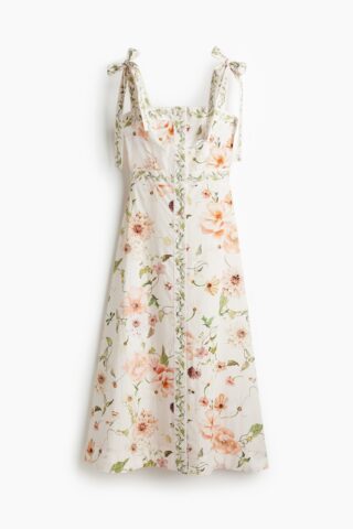 H & M - Katoenen jurk met strikbandjes - Wit/Bloemen