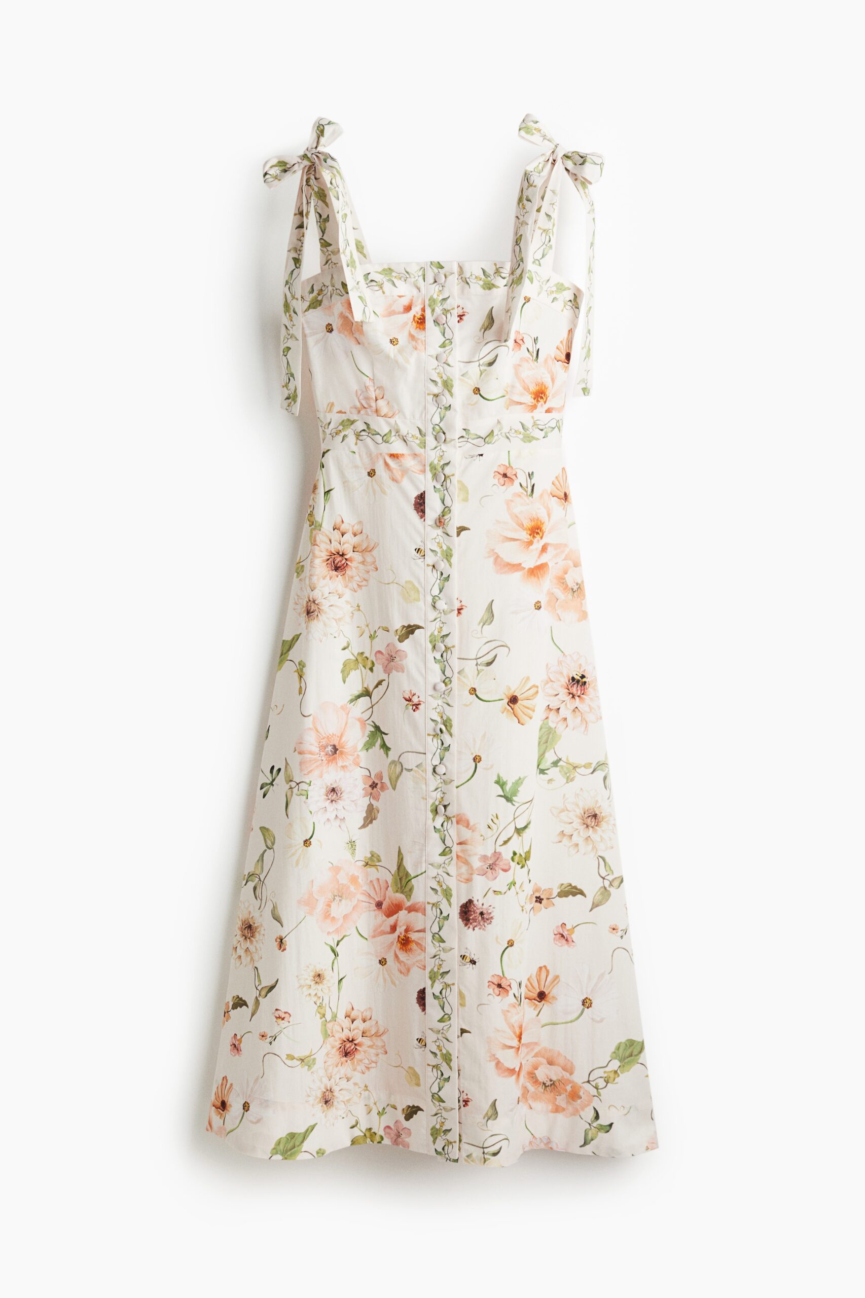 H & M - Katoenen jurk met strikbandjes - Wit/Bloemen