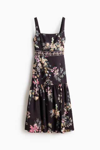 H & M - Jurk van linnenmix - Zwart/Bloemen