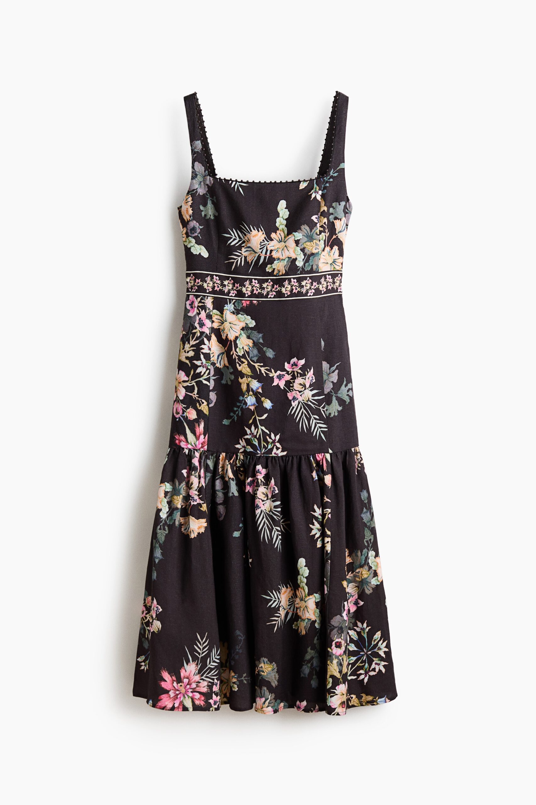 H & M - Jurk van linnenmix - Zwart/Bloemen