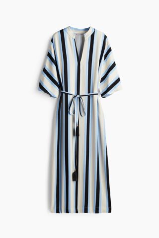 H & M - Midi-jurk met strikceintuur - Wit/Gestreept