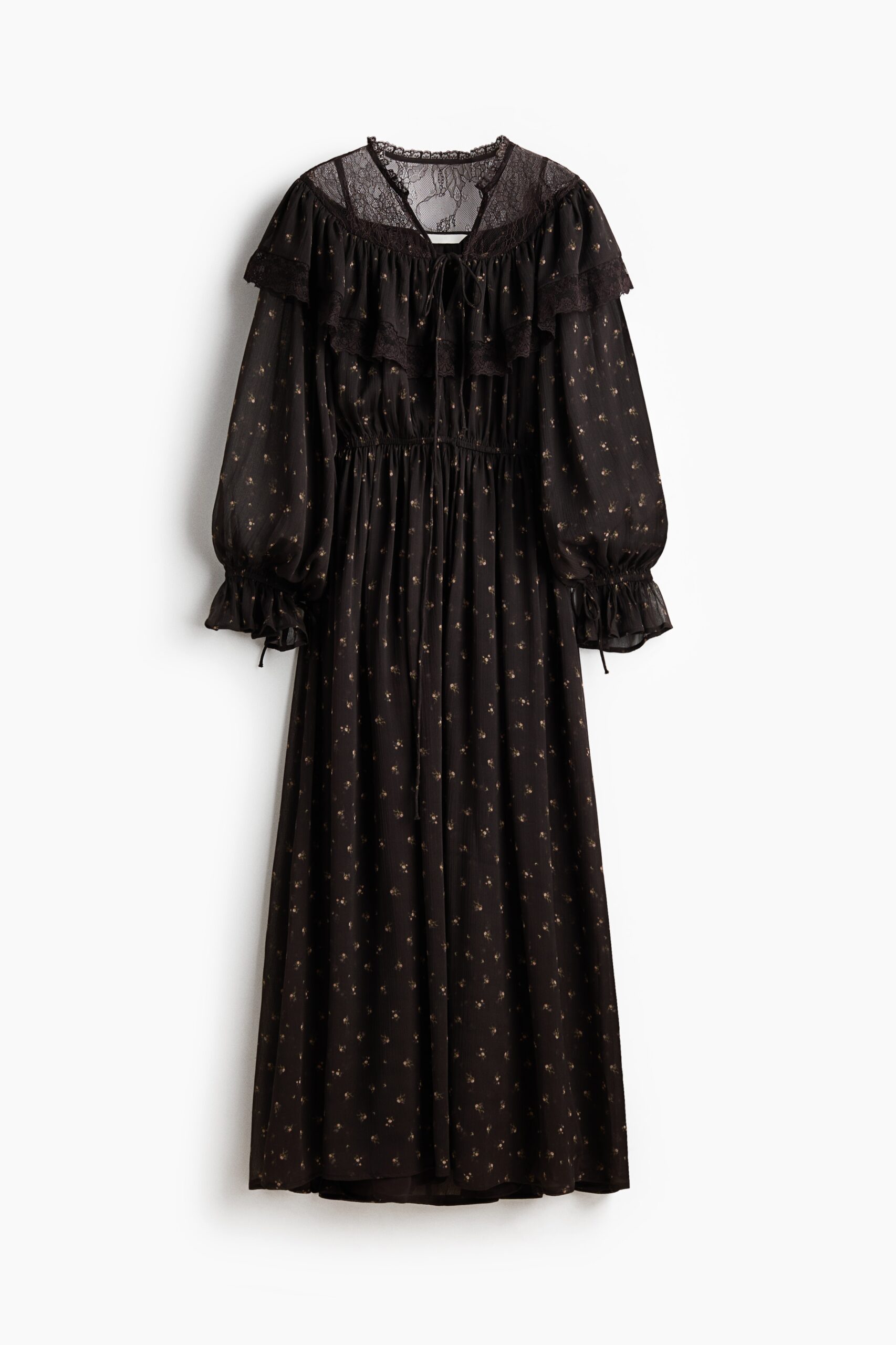 H & M - Jurk van chiffon met kant - Zwart/Bloemen