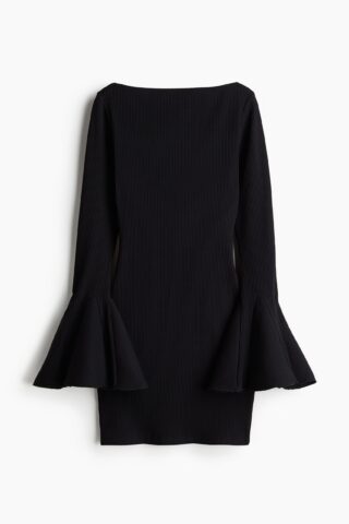 H & M - Geribde jurk met trompetmouwen - Zwart