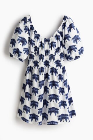 H & M - Jurk met gesmokte taille - Wit/Blauw Dessin