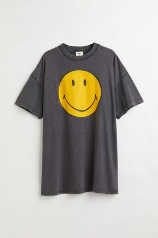 H & M - H & M - T-shirtjurk met motief - Donkergrijs/Smiley