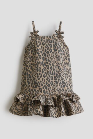 H & M - Denim jurk met strikjes - Taupe/Luipaarddessin