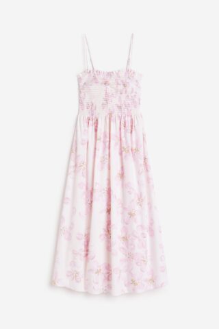 H & M - Katoenen jurk met smokwerk - Roomwit/Roze Bloemen