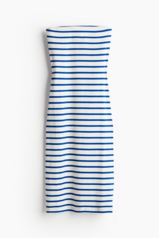 H & M - Geribde tubejurk - Wit/Helderblauw Gestreept
