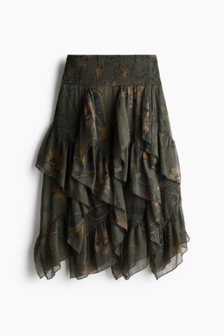 H & M - Volantrok van chiffon - Donker Kakigroen/Dessin