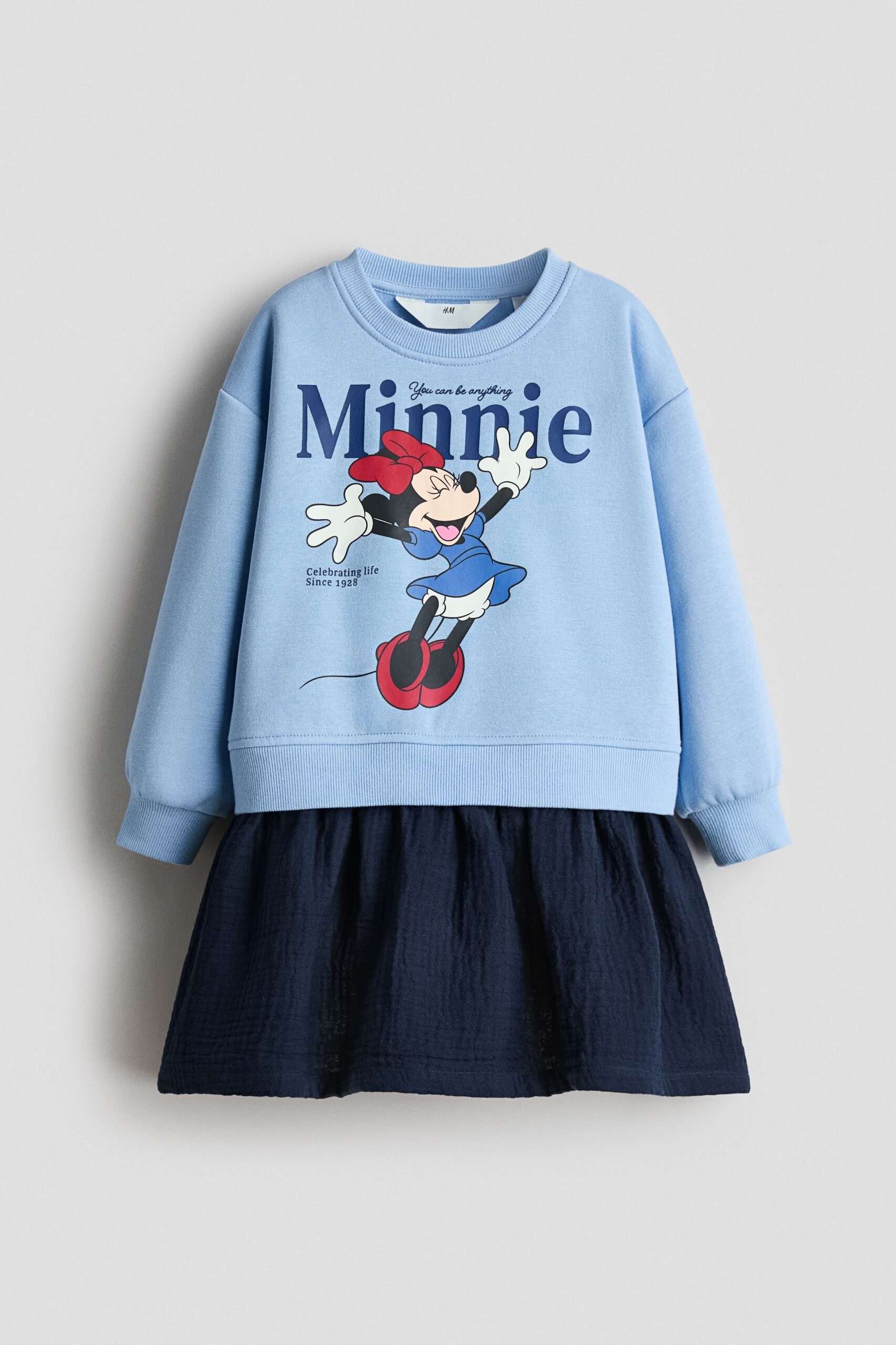 H & M - Sweatjurk met rok van mousseline - Dusty Blauw/Minnie Mouse H & M - Sweatjurk met rok van mousseline - Dusty Blauw/Minnie Mouse