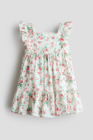 H & M - Gedessineerde katoenen jurk met volants - Wit/Bloemen