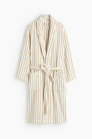 H & M - Ochtendjas van katoenen badstof - Wit/Gestreept