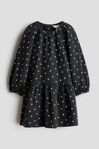 H & M - Jurk van katoenen mousseline - Donkergrijs/Hartjes