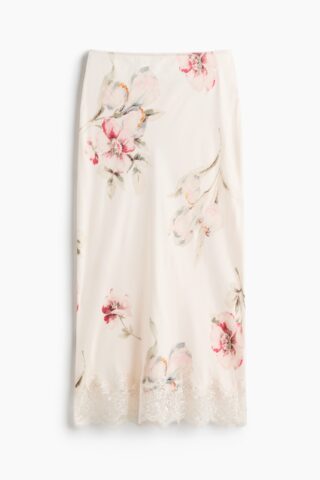 H & M - Midirok met kanten bies - Ivoorwit/Bloemen
