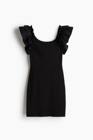 H & M - Tricot jurk met volant - Zwart
