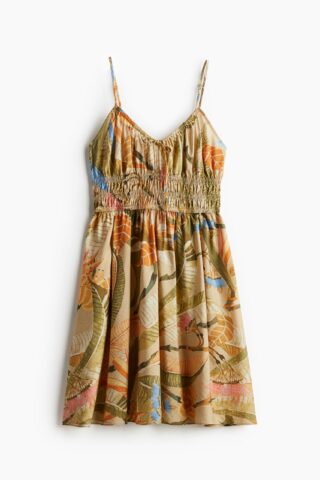 H & M - Strappy jurk met smokwerk - Beige/Bloemen