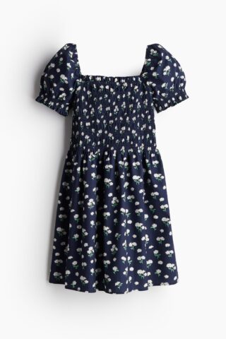 H & M - Gesmokte jurk van popeline - Marineblauw/Madeliefjes