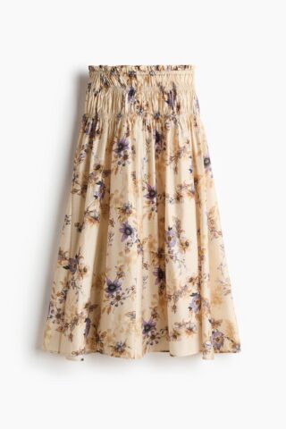H & M - Rok met gesmokte taille - Lichtbeige/Bloemen