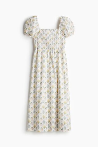 H & M - Katoenen jurk met pofmouwen - Roomwit/Bloemen