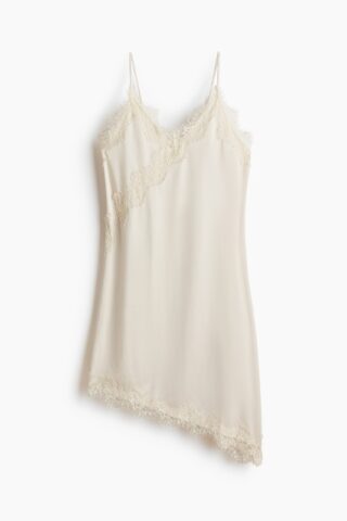 H & M - Tricot slip-on jurk met kant - Roomwit