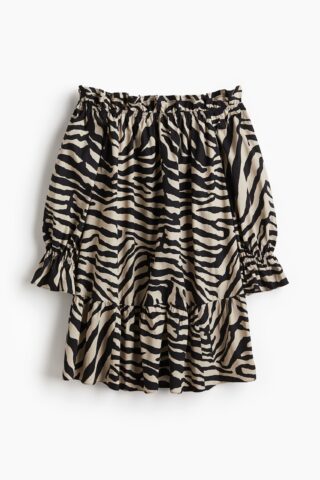 H & M - Popeline off-the-shoulderjurk - Zwart/Zebradessin