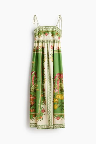 H & M - Jurk met strikbandjes - Groen/Bloemen
