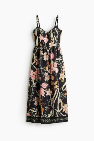 H & M - Strappy jurk van linnenmix - Zwart/Bloemen