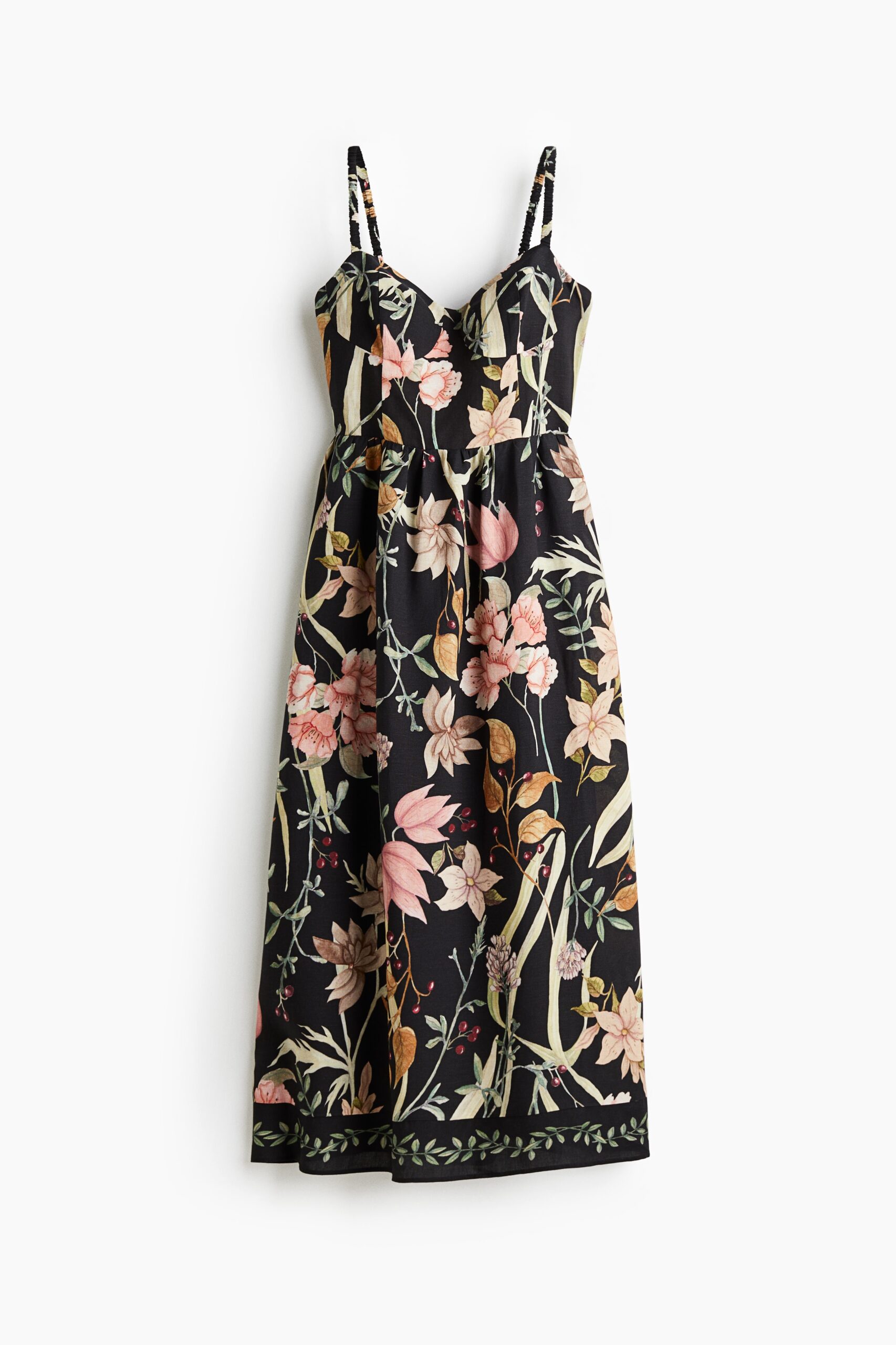 H & M - Strappy jurk van linnenmix - Zwart/Bloemen