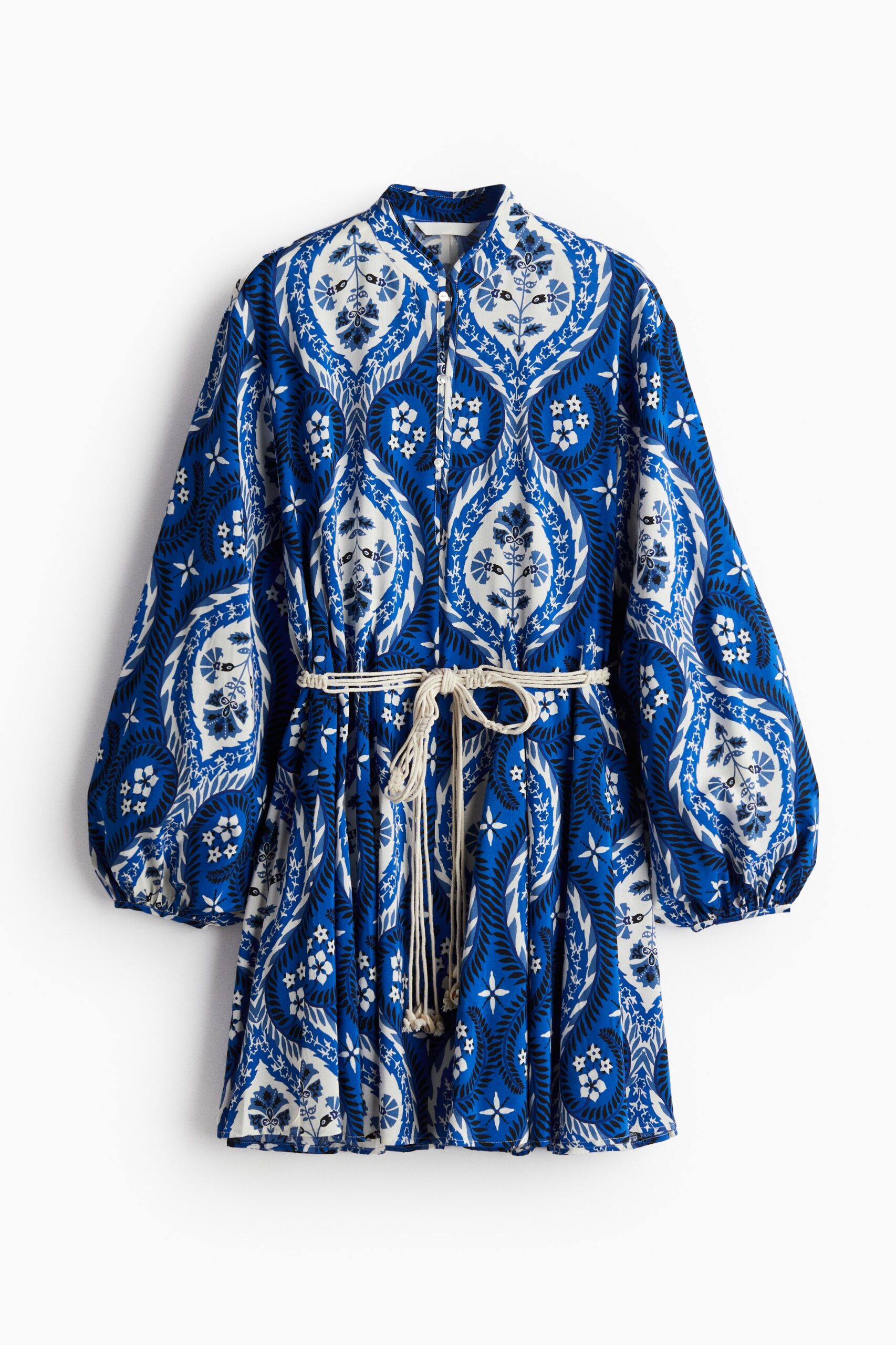 H & M - Jurk met macraméceintuur - Helderblauw/Dessin