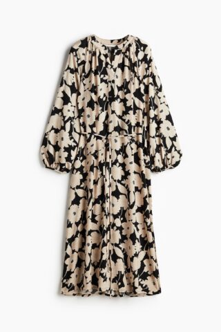 H & M - Jurk met ballonmouwen - Zwart/Beige Bloemen