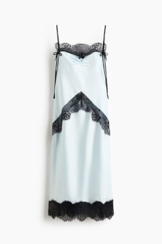 H & M - Satijnen jurk met kant - Lichtblauw/Zwart