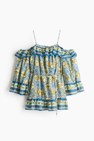 H & M - Cold-shoulderjurk met strikceintuur - Blauw/Citroenen
