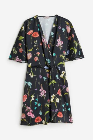 H & M - Satijnen overslagjurk - Zwart/Bloemen