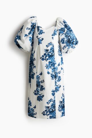 H & M - MAMA Katoenen jurk met ballonmouwen - Wit/Blauwe Bloemen