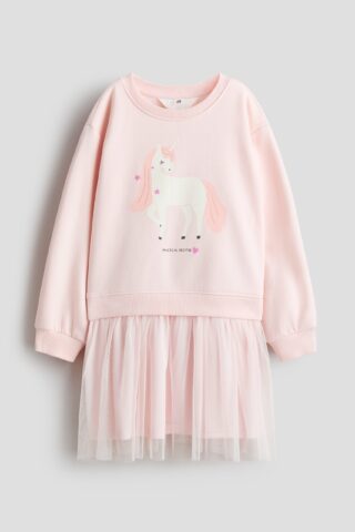 H & M - Sweatjurk met tulen rok - Lichtroze/Eenhoorn