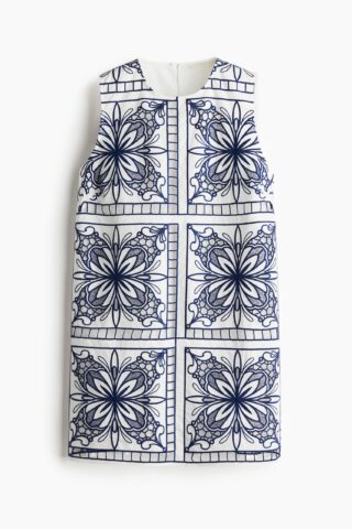 H & M - Shift-jurk met broderie anglaise - Wit/Marineblauw