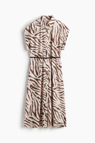 H & M - Jurk van popeline met ceintuur - Lichtbeige/Zebradessin