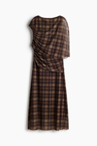 H & M - Gedrapeerde jurk met cape - Donkerbruin/Geruit