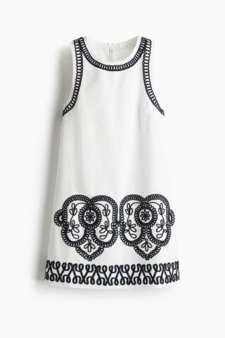 H & M - Shift-jurk met borduursel - Wit/Zwart