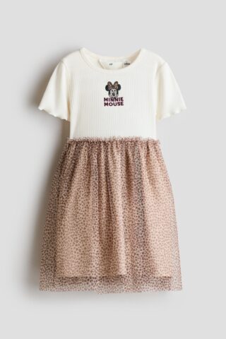 H & M - Jurk met geprint motief en tulen rok - Beige/Minnie Mouse