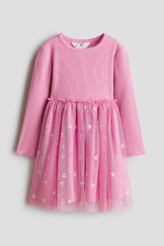 H & M - Jurk met lange mouwen en tulen rok - Roze/Kersen