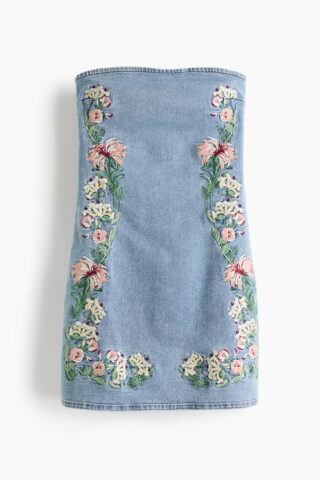 H & M - Bandeaujurk van denim met borduursel - Denimblauw/Bloemen