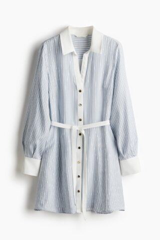H & M - Overhemdjurk met strikceintuur - Lichtblauw/Gestreept