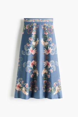 H & M - Uitlopende rok van linnenmix - Dusty Blauw/Bloemen