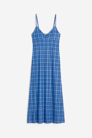 H & M - Slip-on jurk van mesh - Blauw/Geruit