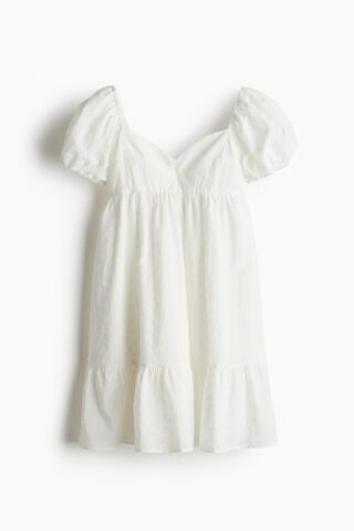 H & M - Jurk met pofmouwen - Roomwit/Broderie Anglaise