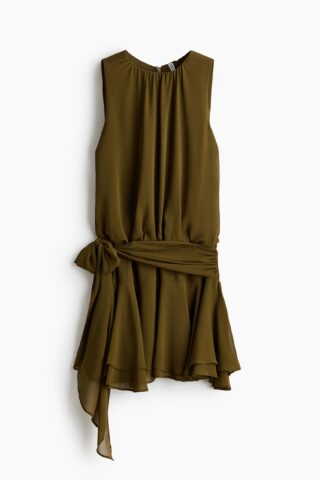 H & M - Chiffon jurk met strikbanden - Donker Kakigroen